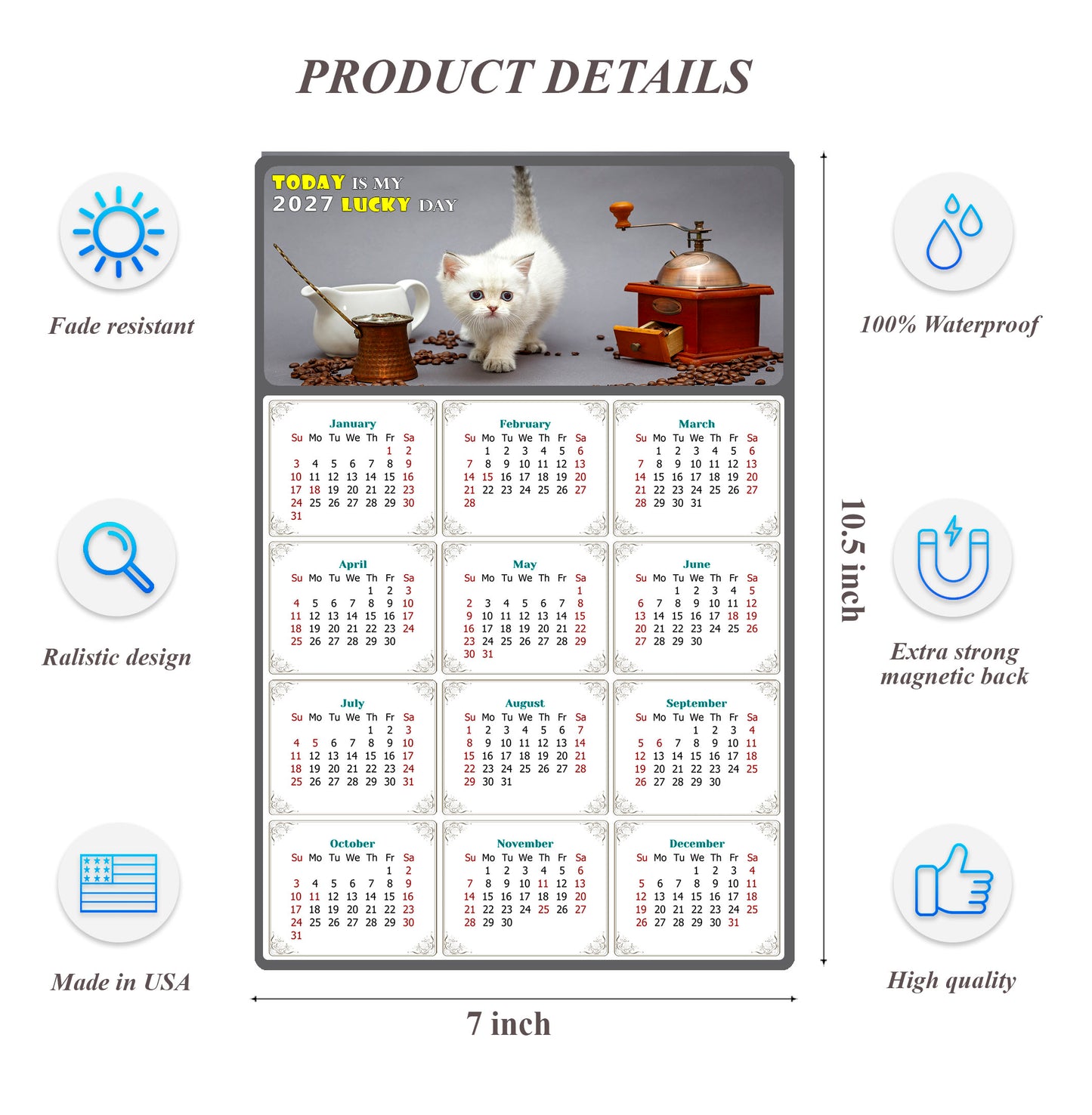 2027 Magnetic Calendar - Today is My Lucky Day (Fade, Tear, and Water Resistant)- Cat Themed 019