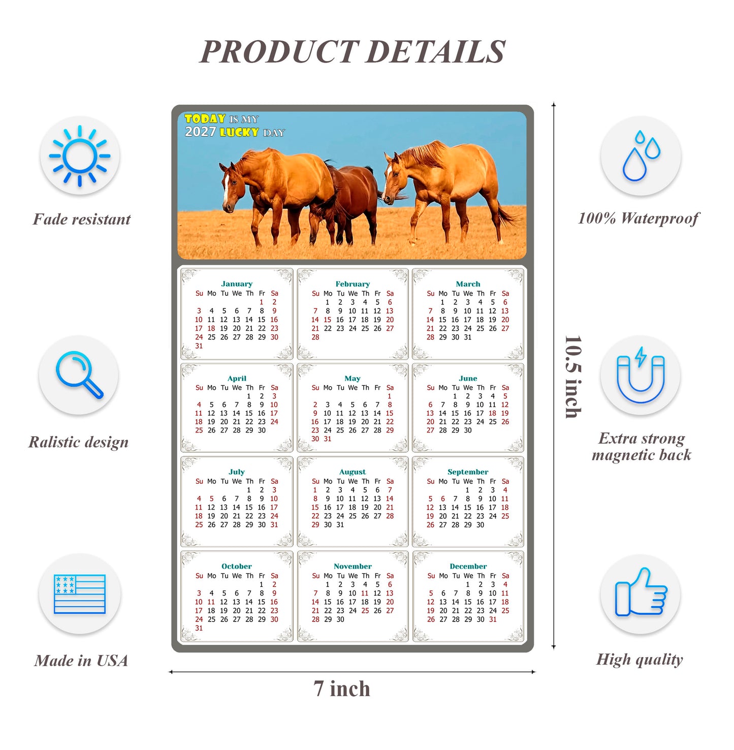 2027 Magnetic Calendar - Calendar Magnets - Today is my Lucky Day - (Fade, Tear, and Water Resistant) - Horses Themed 017