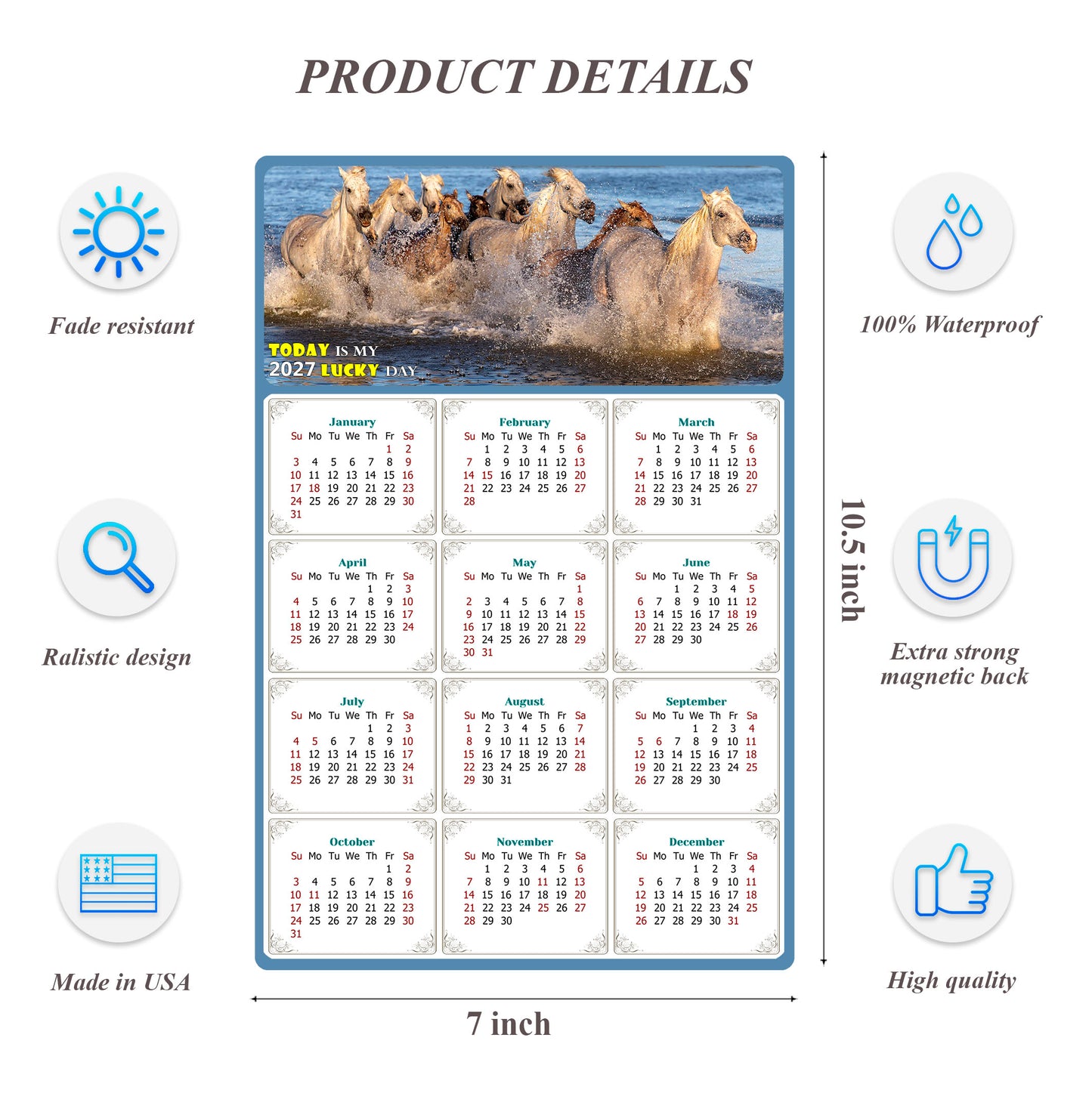 2027 Magnetic Calendar - Calendar Magnets - Today is my Lucky Day - (Fade, Tear, and Water Resistant) - Horses Themed 08