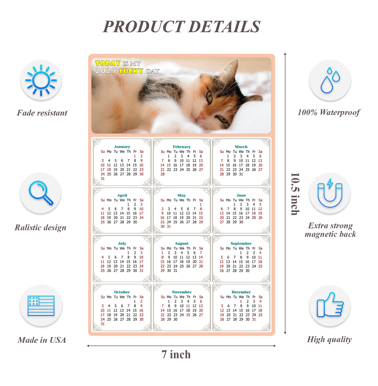 2027 Magnetic Calendar - Today is My Lucky Day (Fade, Tear, and Water Resistant)- Cat Themed 04