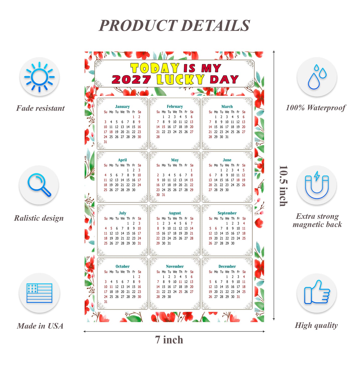 2027 Magnetic Calendar - Calendar Magnets - Today is my Lucky Day - (Fade, Tear, and Water Resistant) - Themed 020