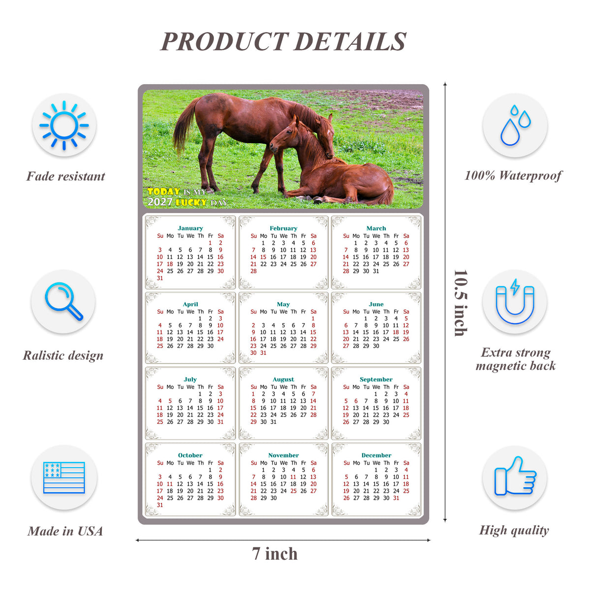2027 Magnetic Calendar - Calendar Magnets - Today is my Lucky Day - (Fade, Tear, and Water Resistant) - Horses Themed 019