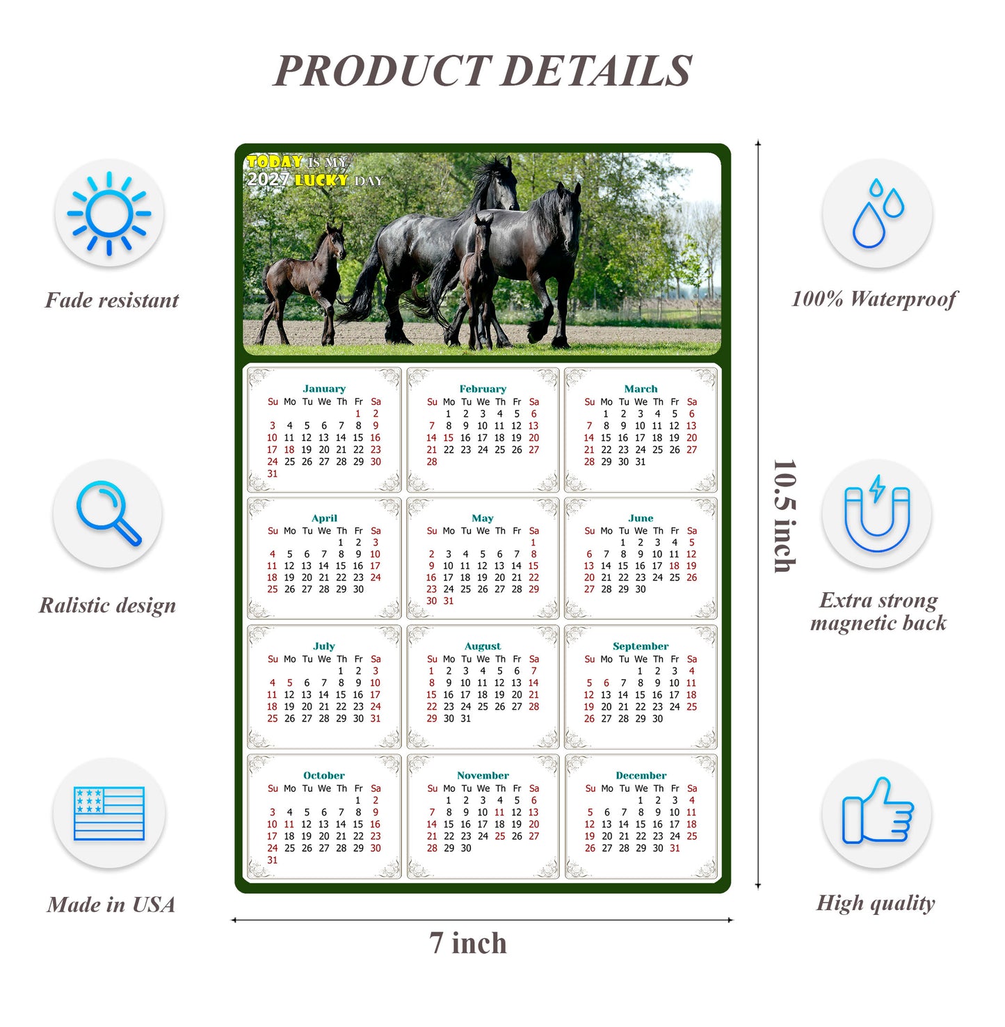 2027 Magnetic Calendar - Calendar Magnets - Today is my Lucky Day - (Fade, Tear, and Water Resistant) - Horses Themed 05