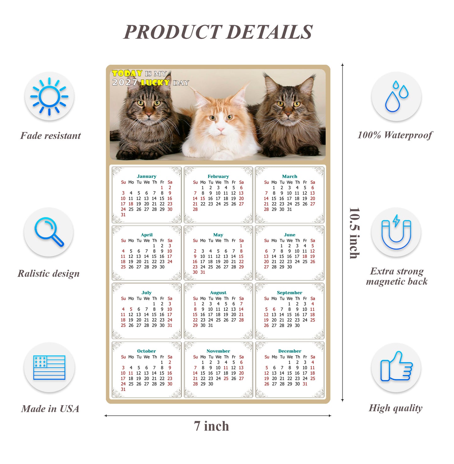 2027 Magnetic Calendar - Today is My Lucky Day (Fade, Tear, and Water Resistant)- Cat Themed 015