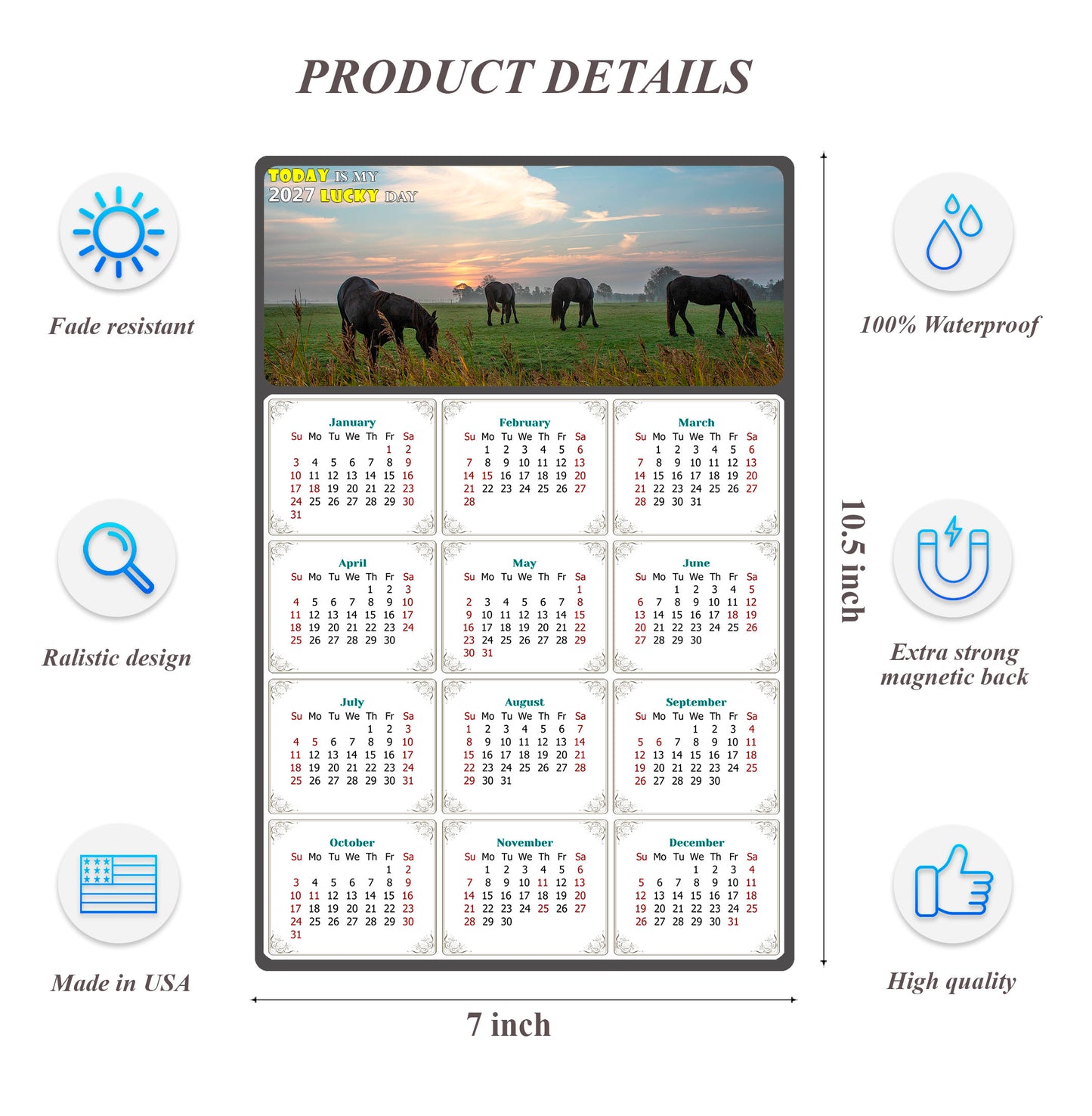 2027 Magnetic Calendar - Calendar Magnets - Today is my Lucky Day - (Fade, Tear, and Water Resistant) - Horses Themed 04