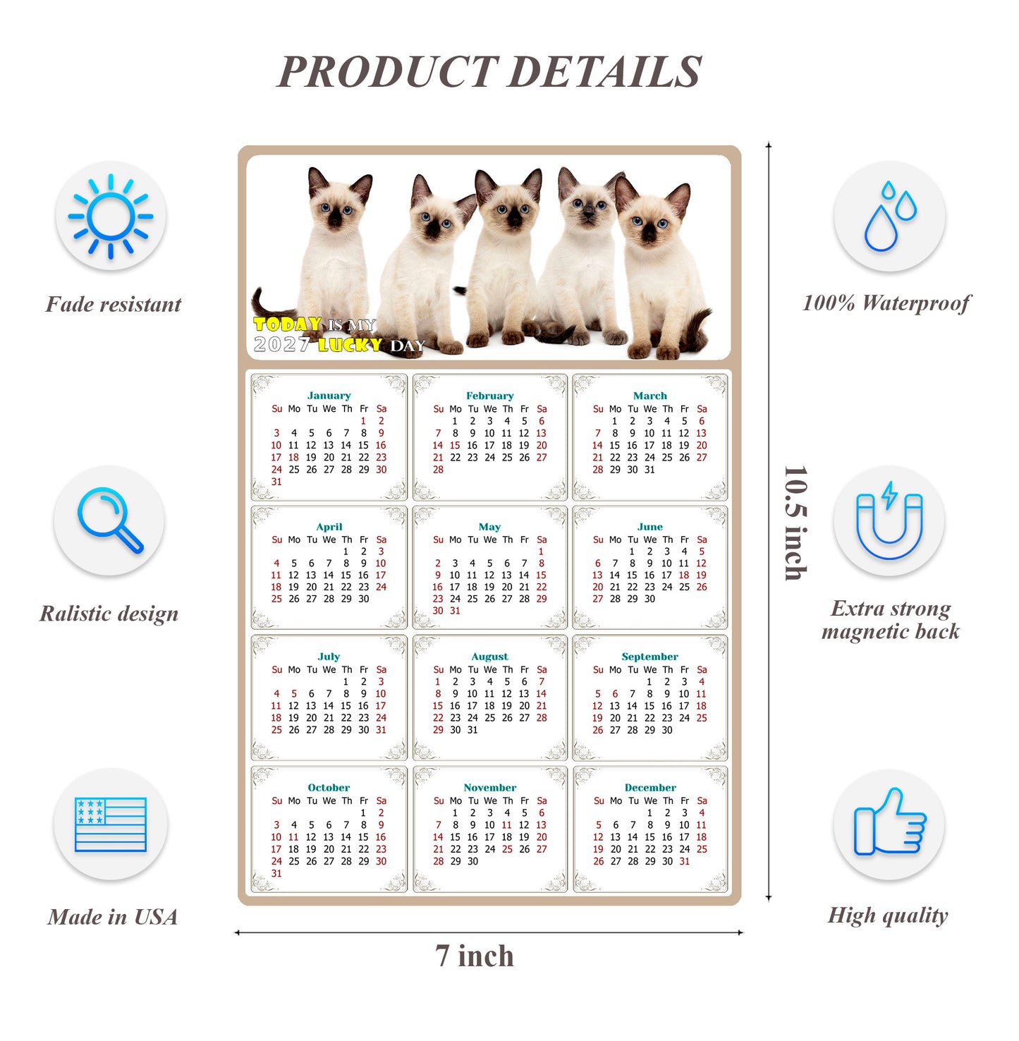 2027 Magnetic Calendar - Today is My Lucky Day (Fade, Tear, and Water Resistant)- Cat Themed 020
