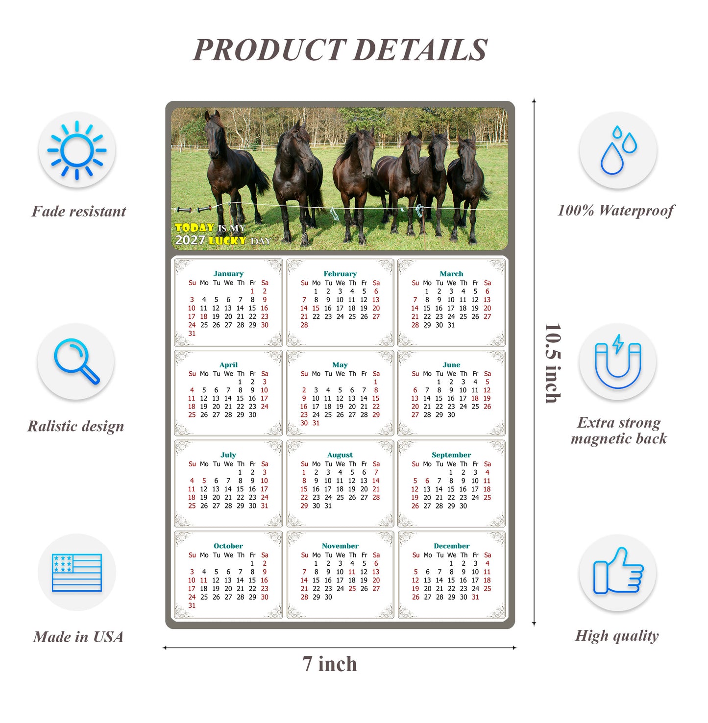 2027 Magnetic Calendar - Calendar Magnets - Today is my Lucky Day - (Fade, Tear, and Water Resistant) - Horses Themed 06