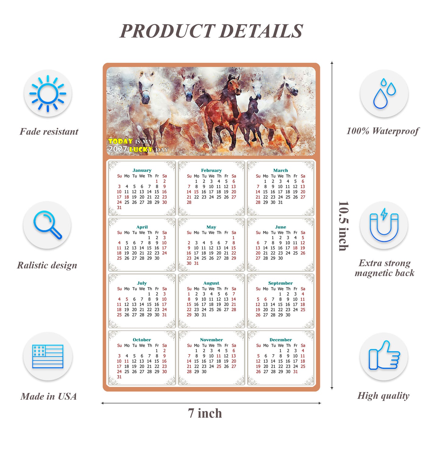 2027 Magnetic Calendar - Calendar Magnets - Today is my Lucky Day - (Fade, Tear, and Water Resistant) - Horses Themed 09