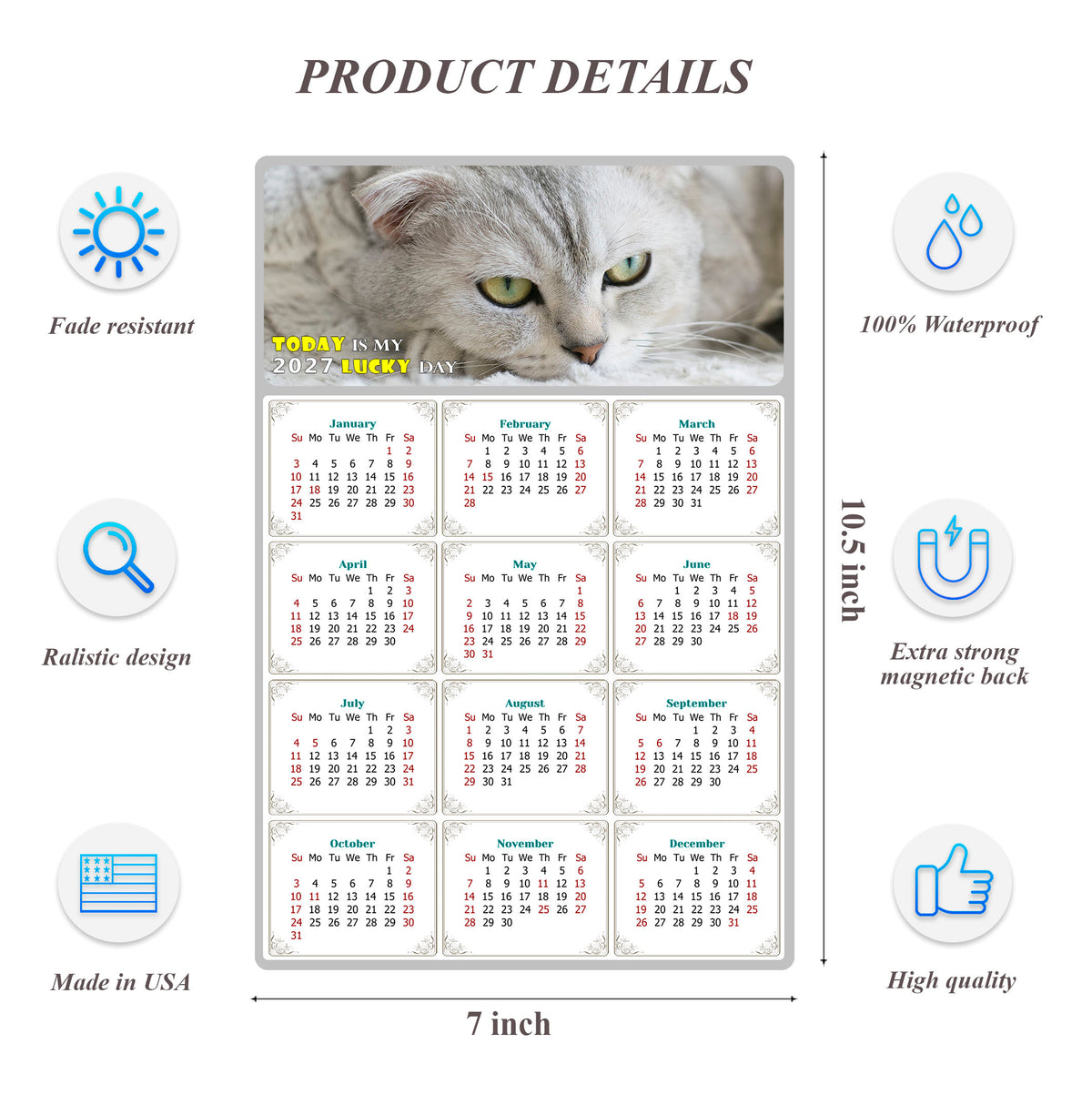2027 Magnetic Calendar - Today is My Lucky Day (Fade, Tear, and Water Resistant)- Cat Themed 01