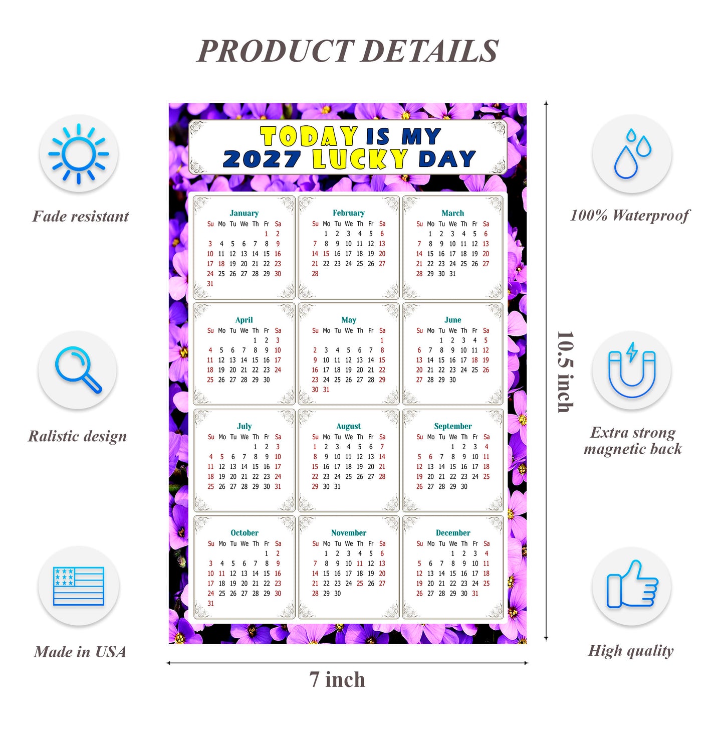 2027 Magnetic Calendar - Calendar Magnets - Today is my Lucky Day - (Fade, Tear, and Water Resistant) - Themed 026