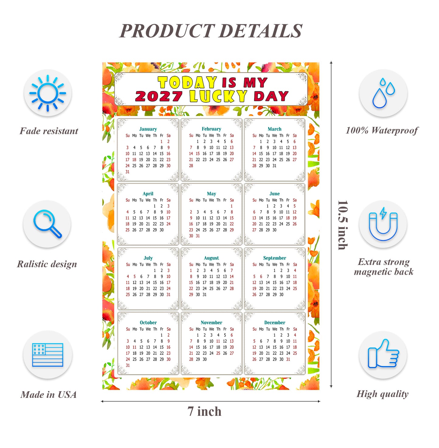 2027 Magnetic Calendar - Calendar Magnets - Today is my Lucky Day - (Fade, Tear, and Water Resistant) - Themed 021