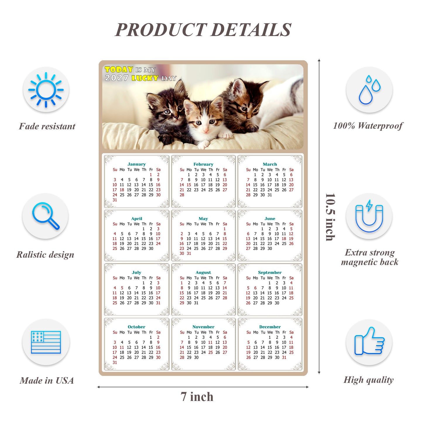 2027 Magnetic Calendar - Today is My Lucky Day (Fade, Tear, and Water Resistant)- Cat Themed 021
