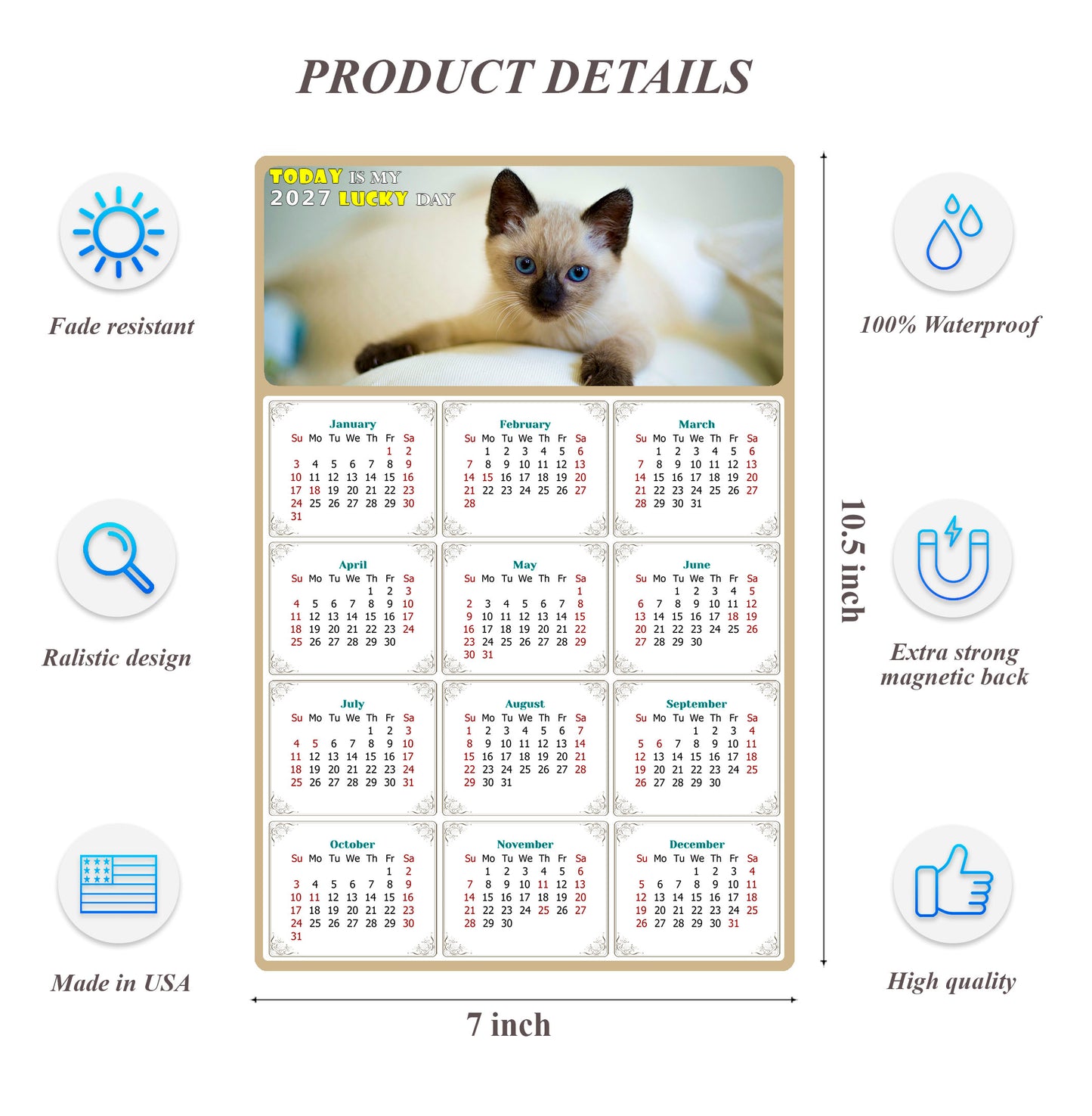 2027 Magnetic Calendar - Today is My Lucky Day (Fade, Tear, and Water Resistant)- Cat Themed 013