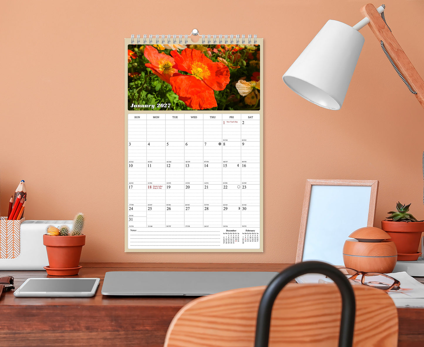 2027 Wall Calendar Spiral-bound Twin-Wire Binding - 12 Months Planner - Large Ruled Blocks with Julian Dates - (Flowers)