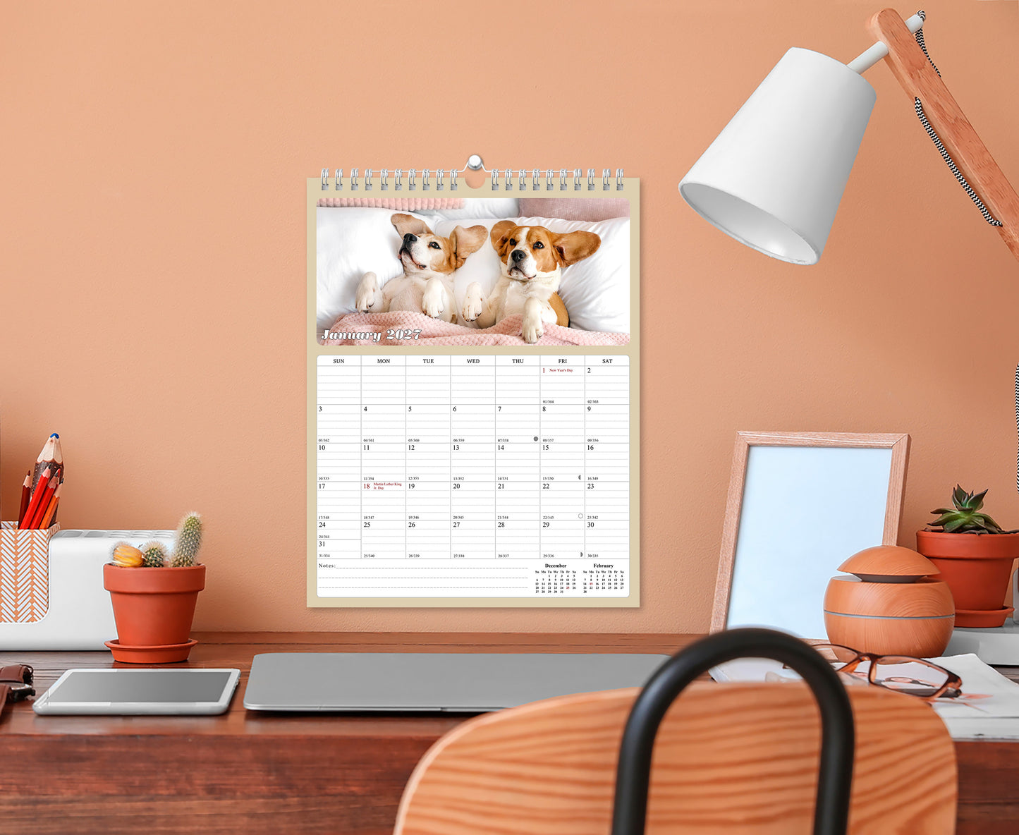 2027 Wall Calendar Spiral-bound Twin-Wire Binding - 12 Months Planner - Large Ruled Blocks with Julian Dates - (Dogs)