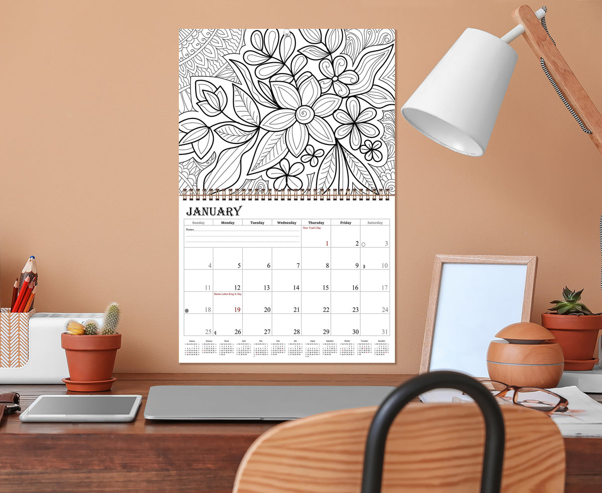 2027 Coloring Wall Calendar - 12 Months Desktop (Flowers) (11x17)