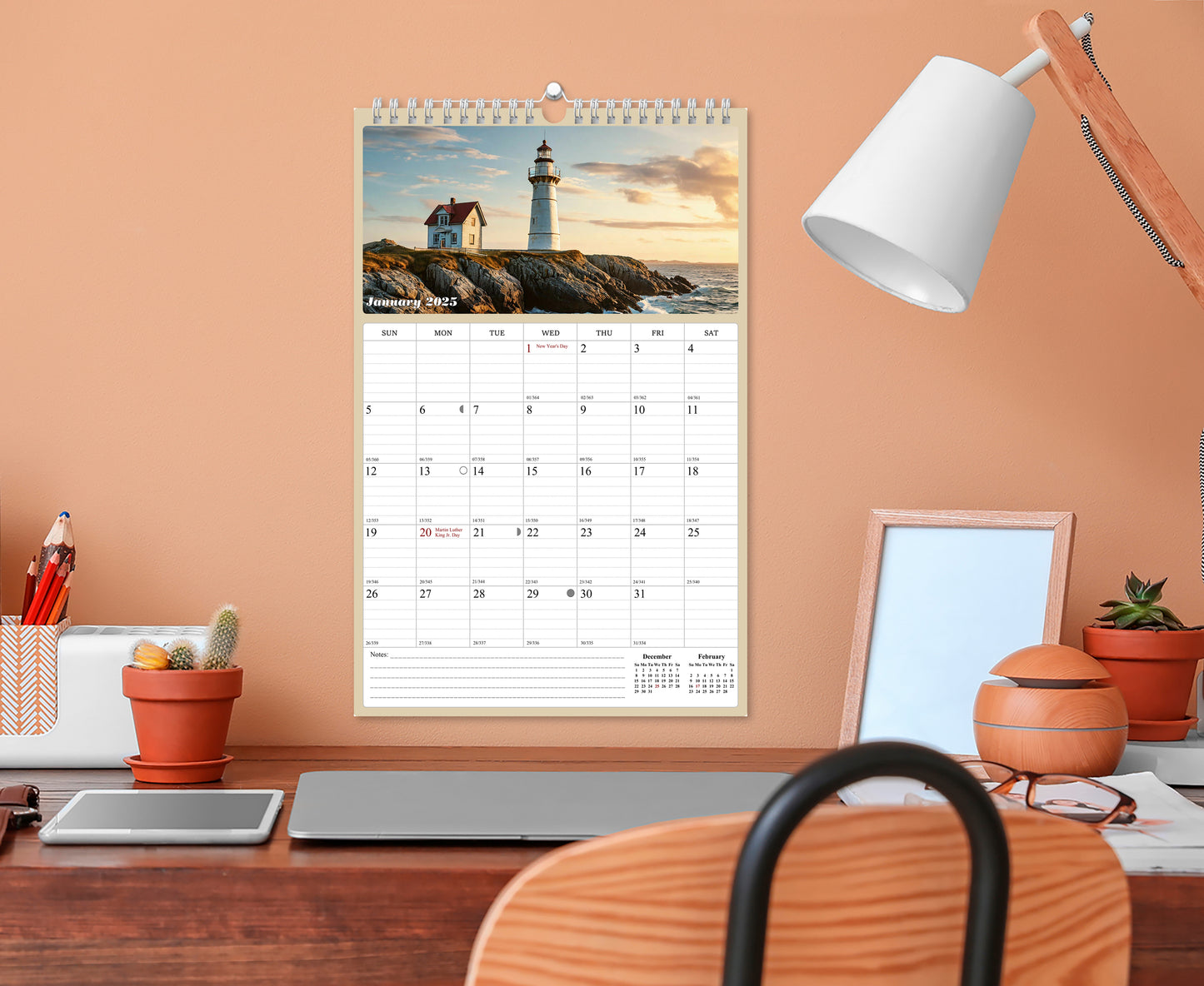2025 Wall Calendar Spiral-bound Twin-Wire Binding - 12 Months Planner - Large Ruled Blocks with Julian Dates - (Lighthouses)