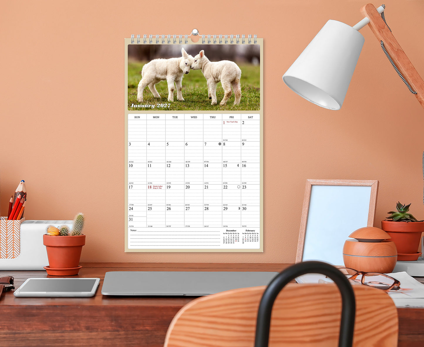 2026 - 2027 Wall Calendar Spiral-bound Twin-Wire Binding - 18 Months Planner - Large Ruled Blocks with Julian Dates - (Baby Animals)