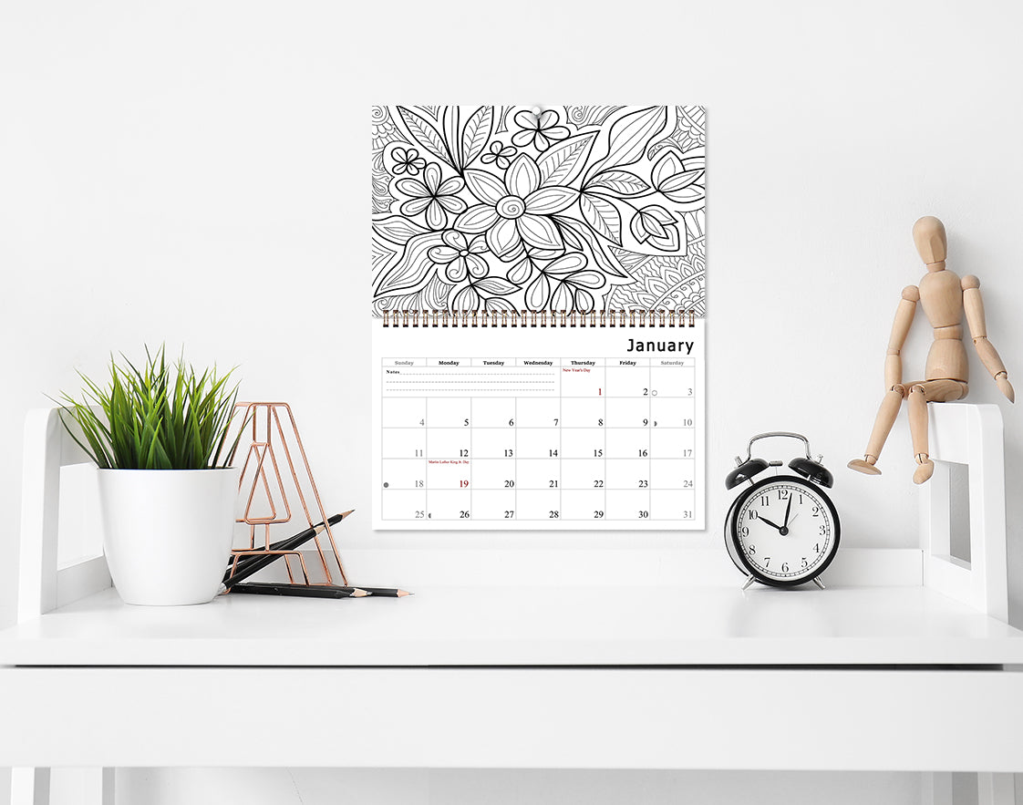 2027 Coloring Wall Calendar - 12 Months Desktop / Wall Calendar (Flowers)