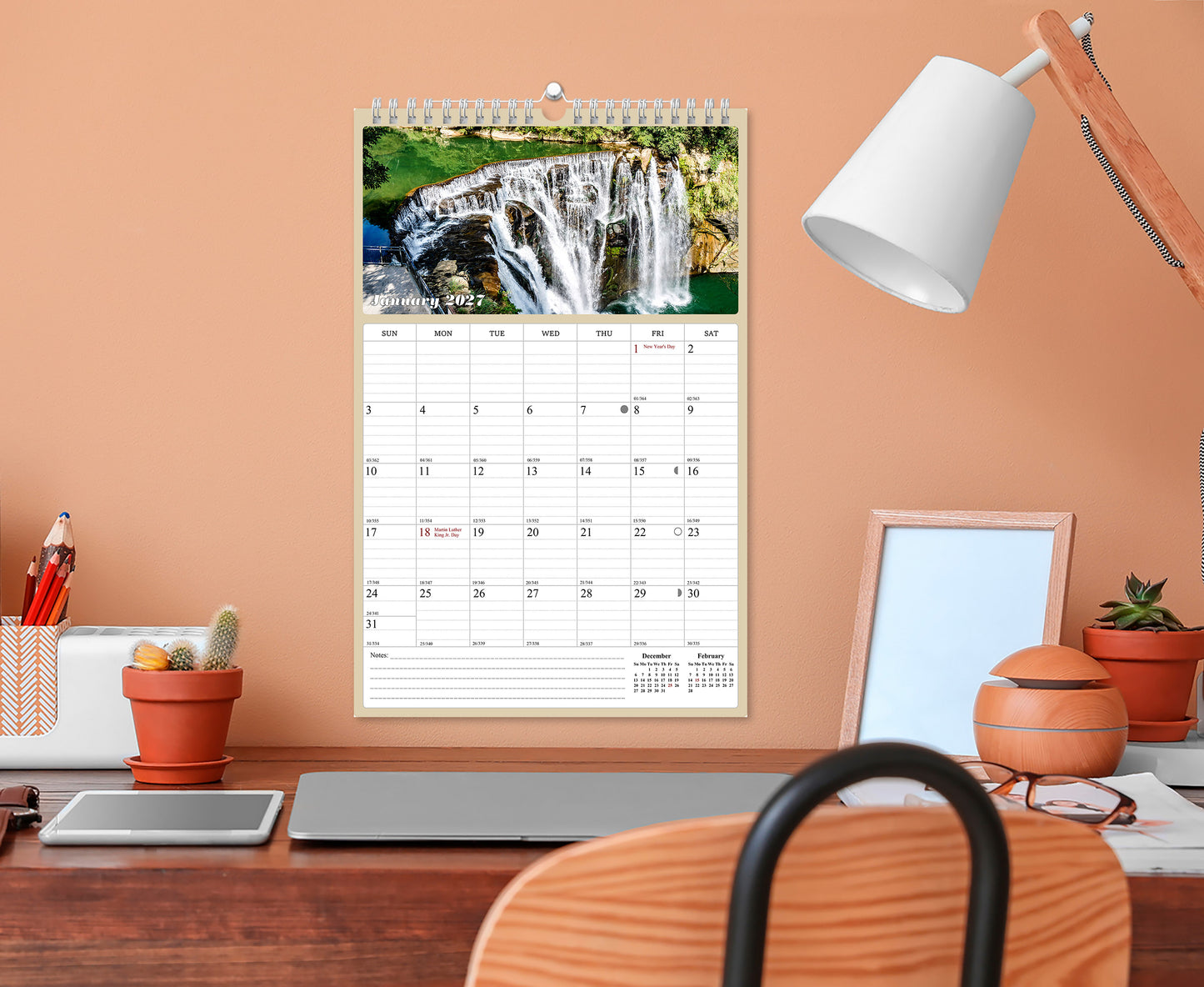 2027 Wall Calendar Spiral-bound Twin-Wire Binding - 12 Months Planner - Large Ruled Blocks with Julian Dates - (Waterfalls)