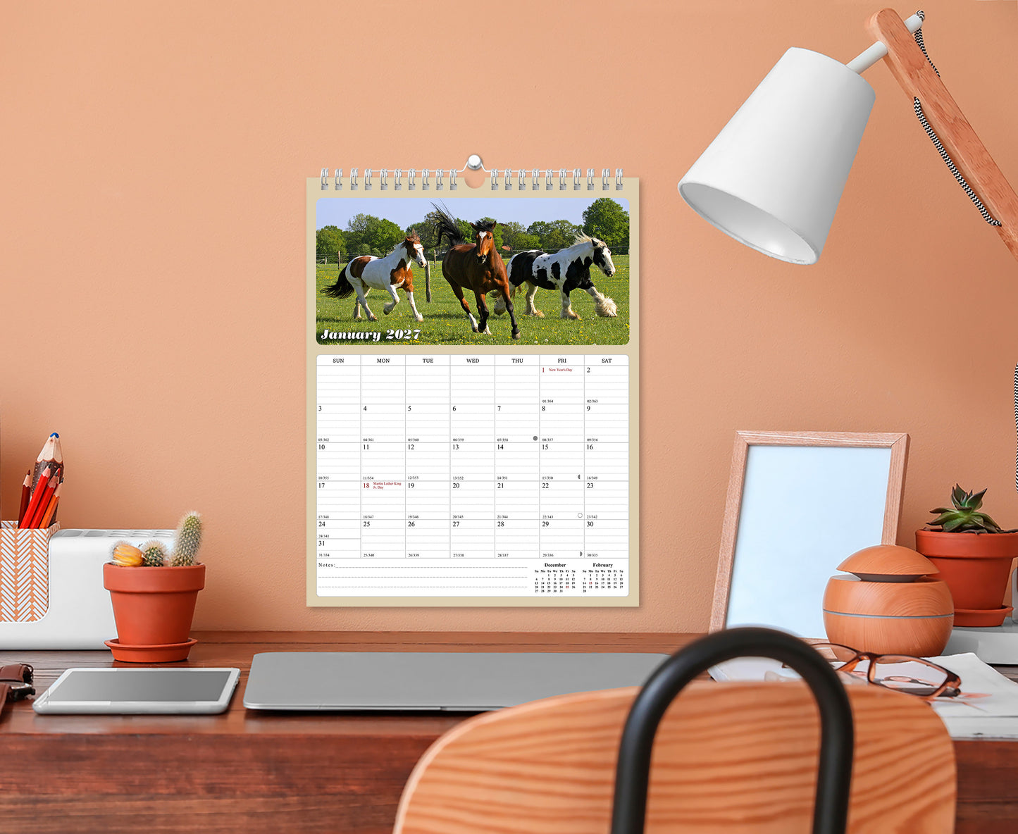 2027 Wall Calendar Spiral-bound Twin-Wire Binding - 12 Months Planner - Large Ruled Blocks with Julian Dates - (Horses)