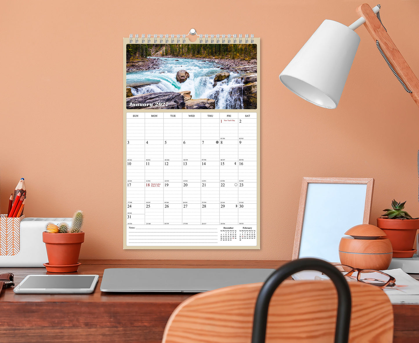 2026 - 2027 Wall Calendar Spiral-bound Twin-Wire Binding - 18 Months Planner - Large Ruled Blocks with Julian Dates - (Outdoors)