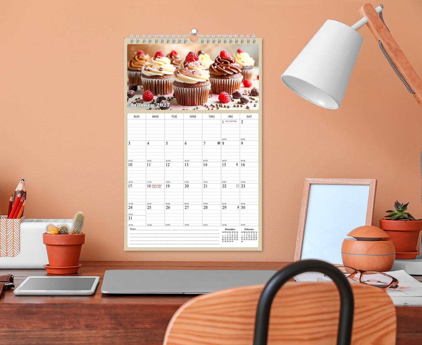 2027 Wall Calendar Spiral-bound Twin-Wire Binding - 12 Months Planner - Large Ruled Blocks with Julian Dates - (Cupcakes)