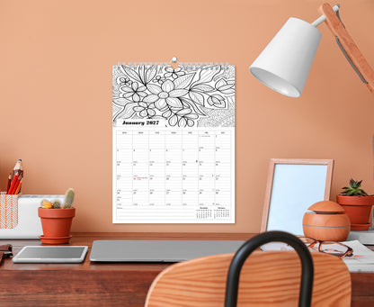 2027 Wall Coloring Calendar Spiral-bound Twin-Wire Binding - 12 Months Planner - Large Ruled Blocks with Julian Dates - (Flowers)