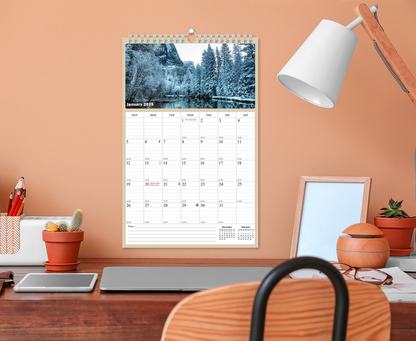 2025 Wall Calendar Spiral-bound Twin-Wire Binding - 12 Months Planner - Large Ruled Blocks with Julian Dates - (National Parks)