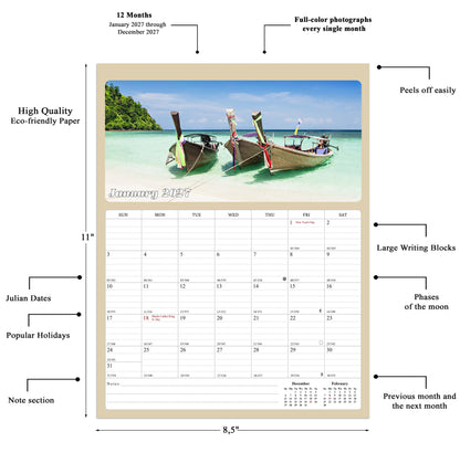 2027 Calendar Magnetic Peel & Stick 12 Months 8.5" x 11" Beaches
