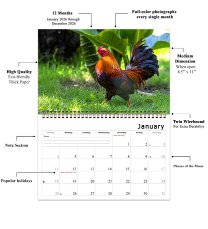 2026 Spiral-bound Wall Calendar (Roosters) - 12 Months Desktop/Wall Calendar/Planner