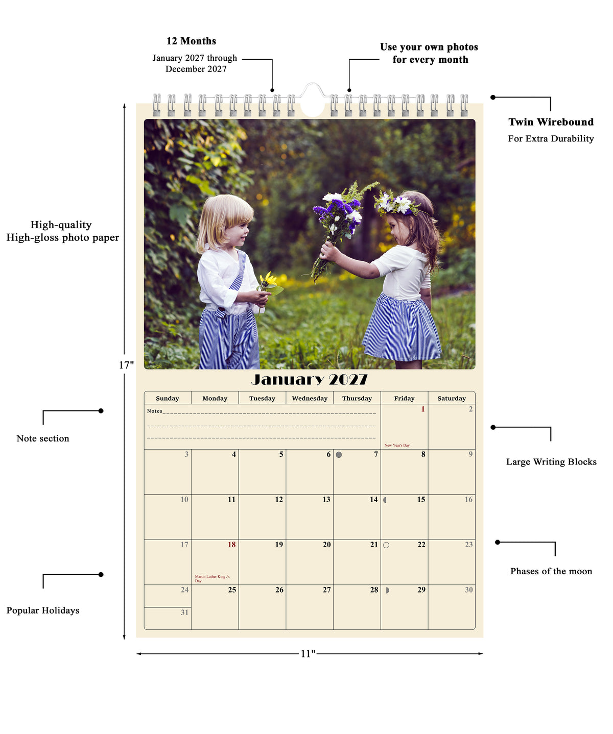 Personalized Custom 2027 Wall Calendar Spiral-bound (Add Your Photos) - 12 Months Desktop/Wall Calendar/Planner - Premium Quality (Large 11'' x 17" Made in USA)