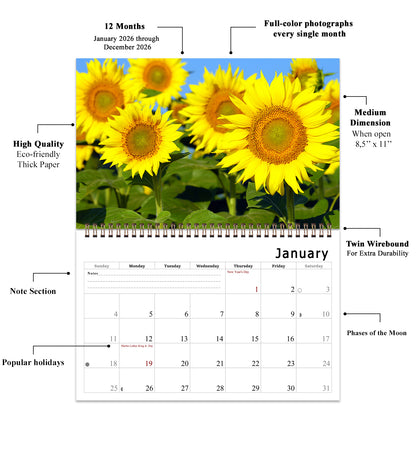2026 Spiral-bound Wall Calendar (Sunflowers) - 12 Months Desktop/Wall Calendar/Planner