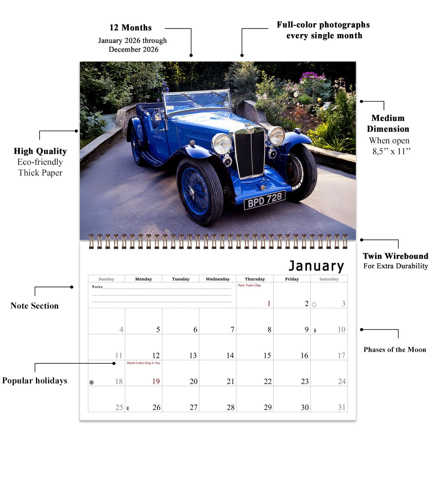 2026 Spiral-bound Wall Calendar (Classic Cars) - 12 Months Desktop/Wall Calendar/Planner
