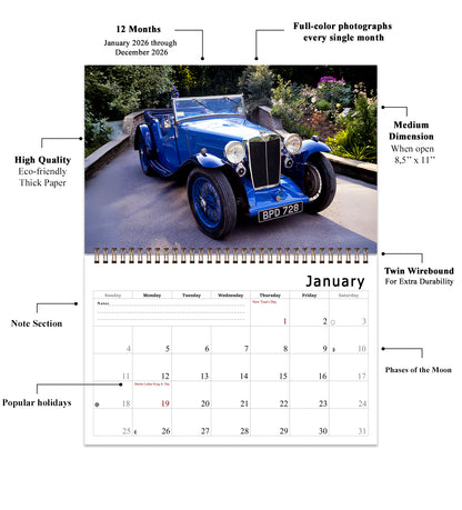 2026 Spiral-bound Wall Calendar (Classic Cars) - 12 Months Desktop/Wall Calendar/Planner