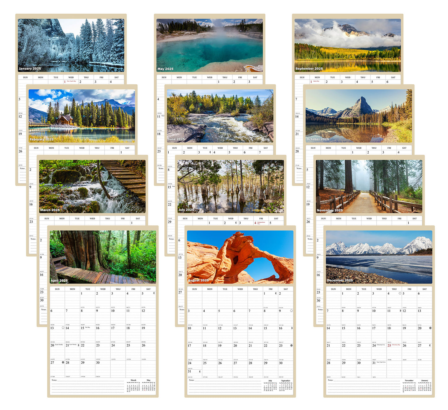 2025 Wall Calendar Spiral-bound Twin-Wire Binding - 12 Months Planner - Large Ruled Blocks with Julian Dates - (National Parks)