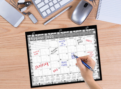 2023-2024 Academic Year 12 Months Student Calendar/Planner in Protective Sleeve for 3-Ring Binder, Desk or Wall - Black&White -v014