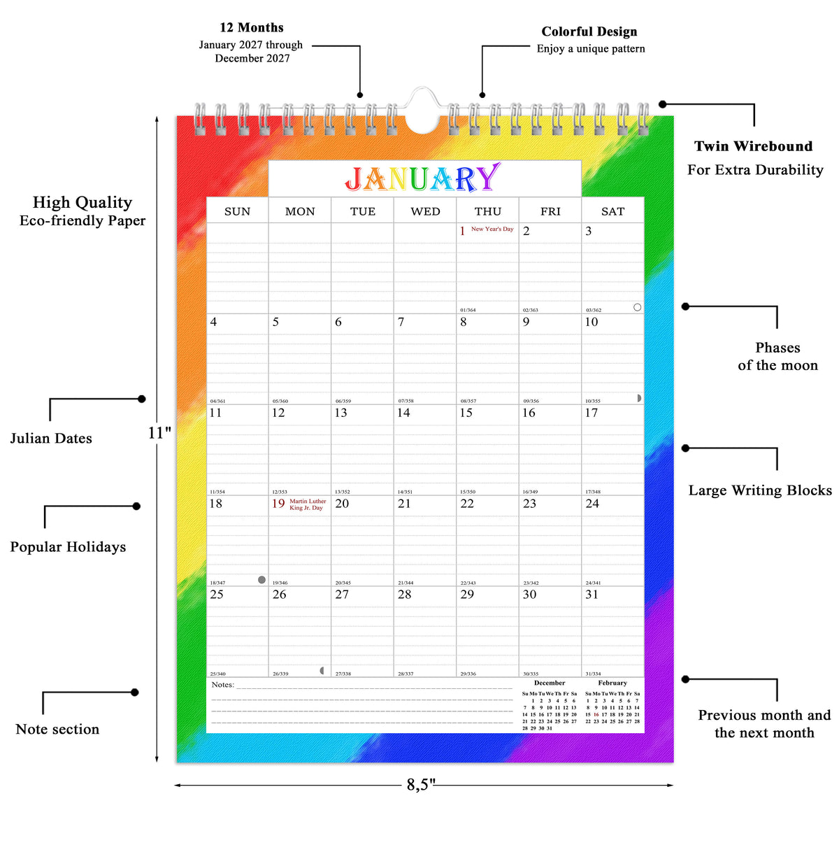 2027 Wall Calendar Spiral-Bound Twin-Wire Binding - 12 Months  07
