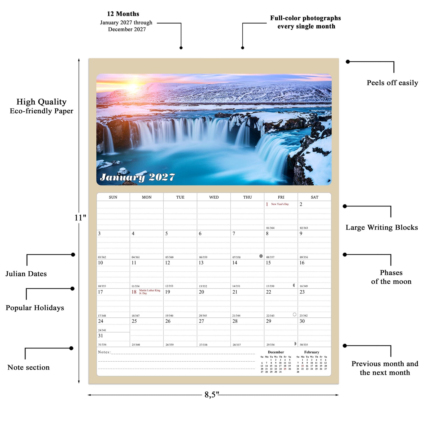 2027 Calendar Magnetic Peel & Stick 12 Months 8.5" x 11" Sunset&Sunrise