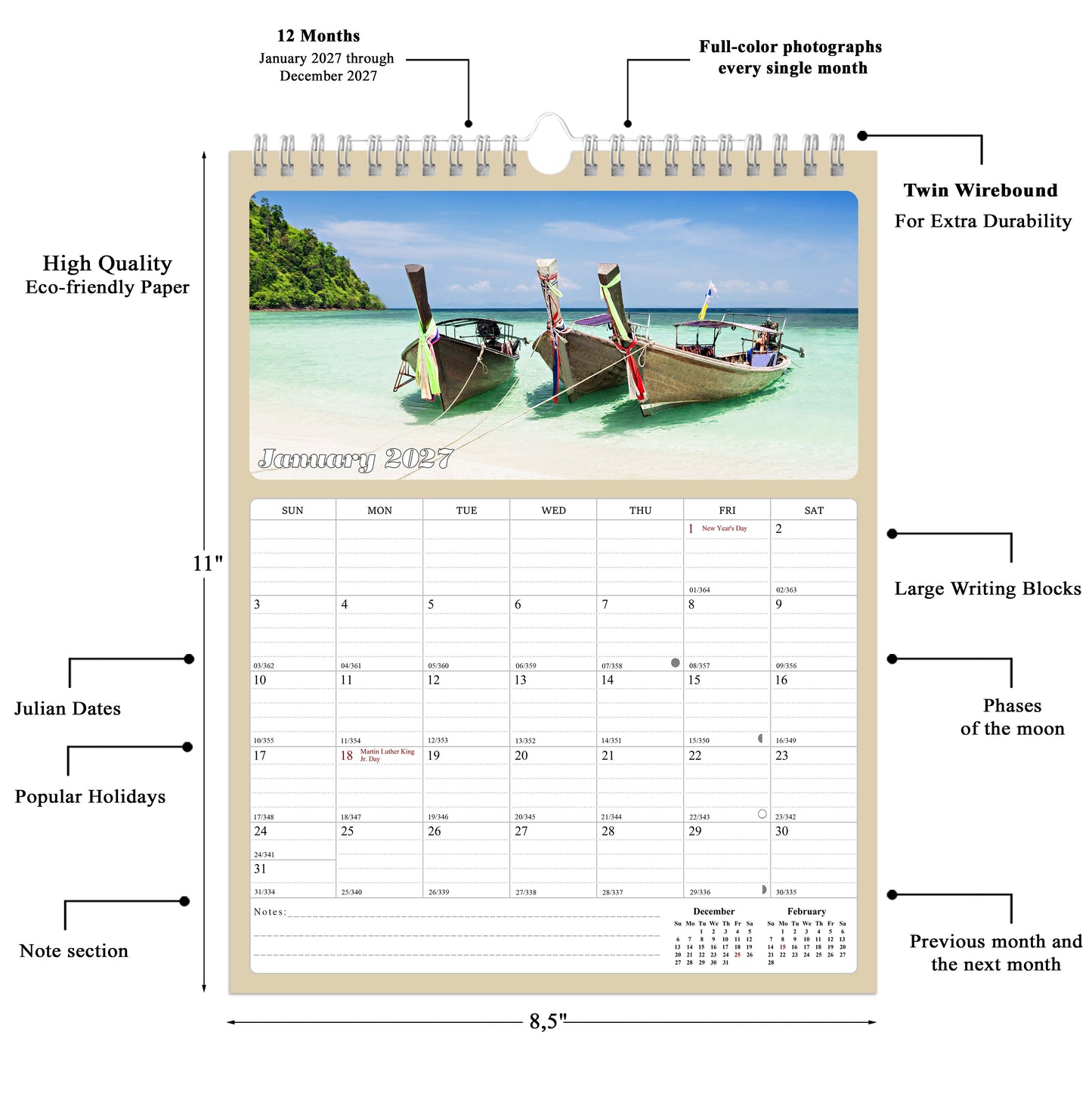 2027 Wall Calendar Spiral-bound Twin-Wire Binding - 12 Months Planner - Large Ruled Blocks with Julian Dates - (Beaches)