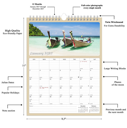 2027 Wall Calendar Spiral-bound Twin-Wire Binding - 12 Months Planner - Large Ruled Blocks with Julian Dates - (Beaches)