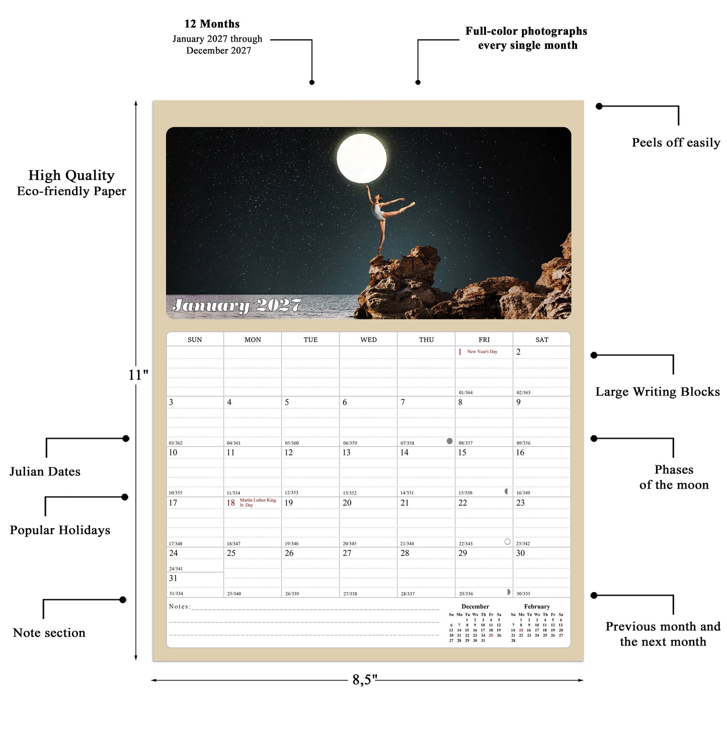 2027 Calendar Magnetic Peel & Stick 12 Months 8.5" x 11" Lunar