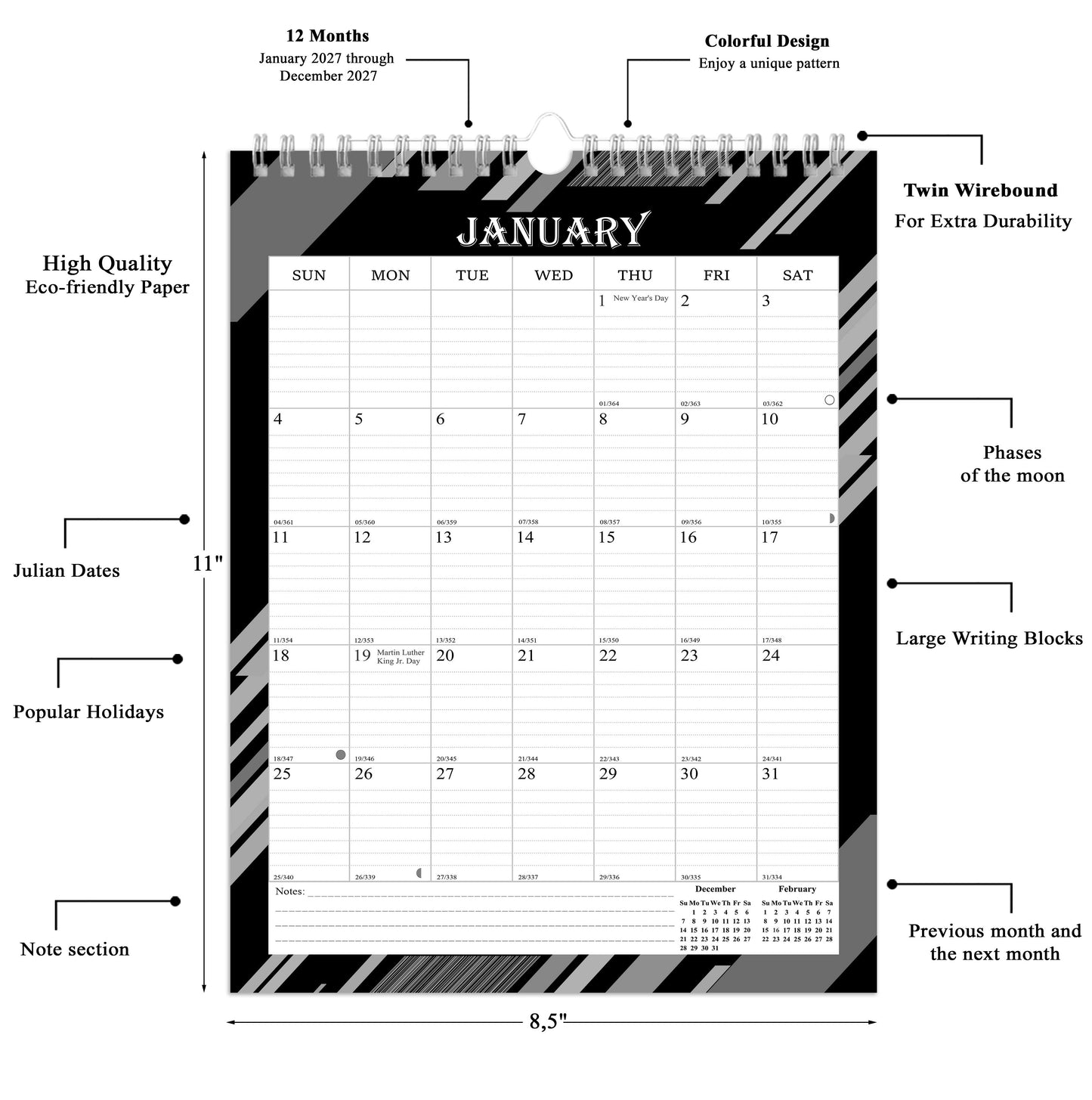 2027 Wall Calendar Spiral-Bound Twin-Wire Binding - 12 Months  08 B&W