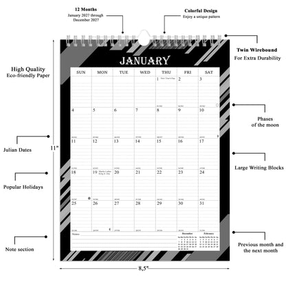 2027 Wall Calendar Spiral-Bound Twin-Wire Binding - 12 Months  08 B&W