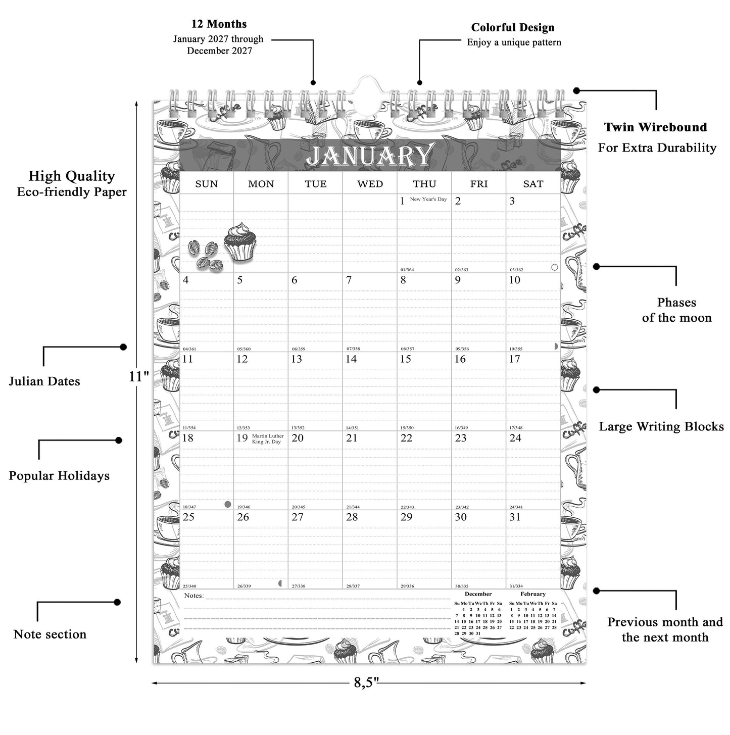 2027 Wall Calendar Spiral-Bound Twin-Wire Binding - 12 Months 010 B&W