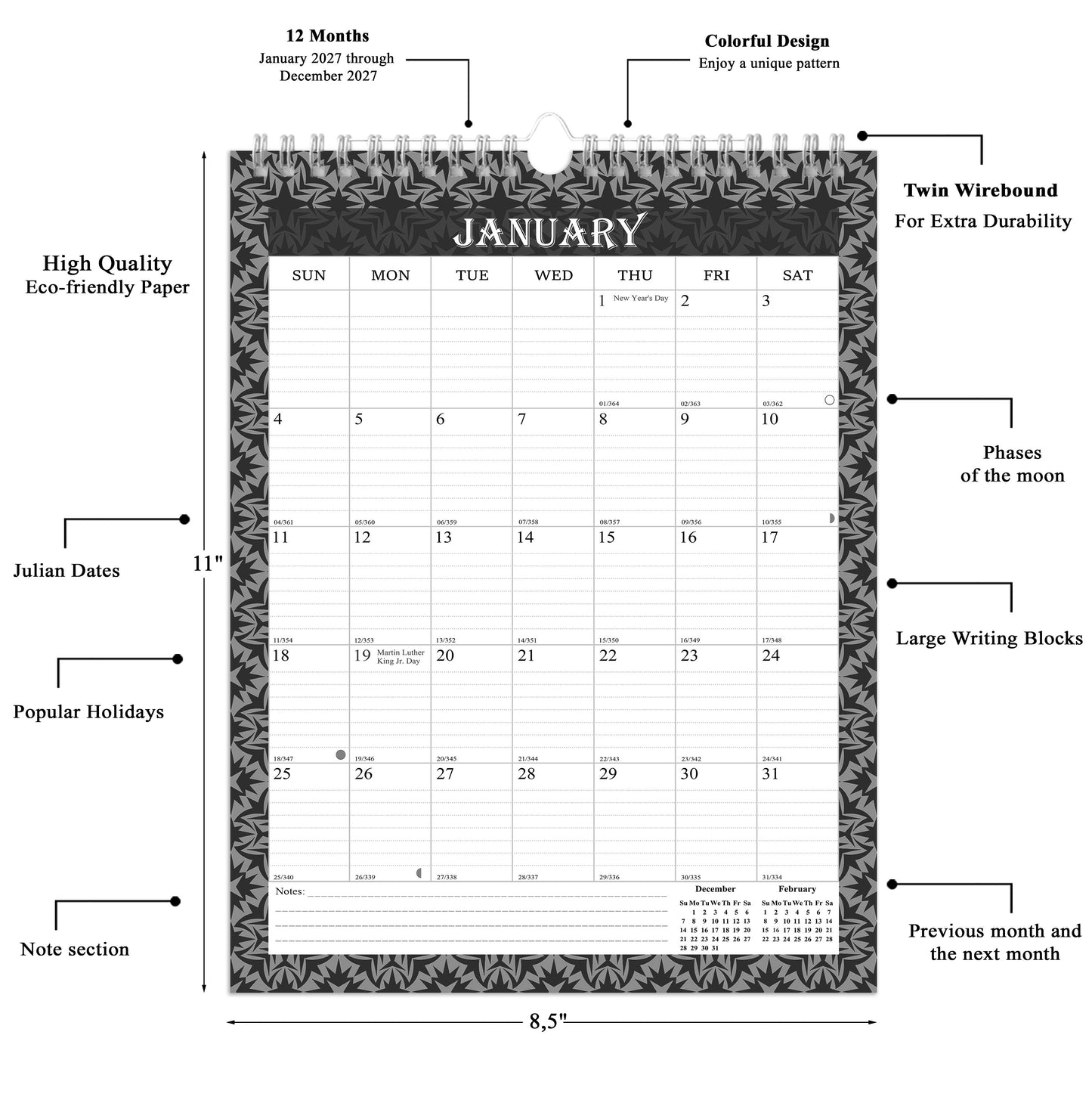 2027 Wall Calendar Spiral-Bound Twin-Wire Binding - 12 Months  014 B&W