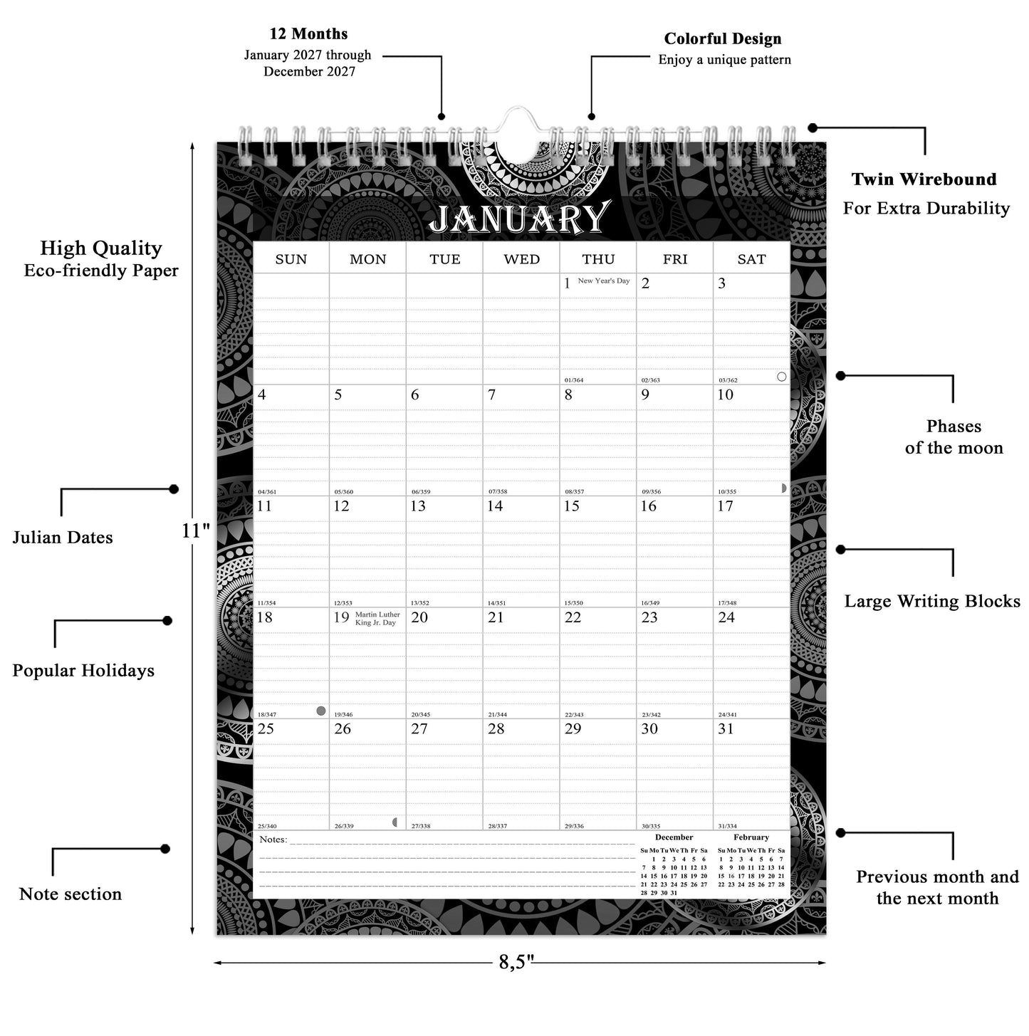 2027 Wall Calendar Spiral-Bound Twin-Wire Binding - 12 Months  09 B&W