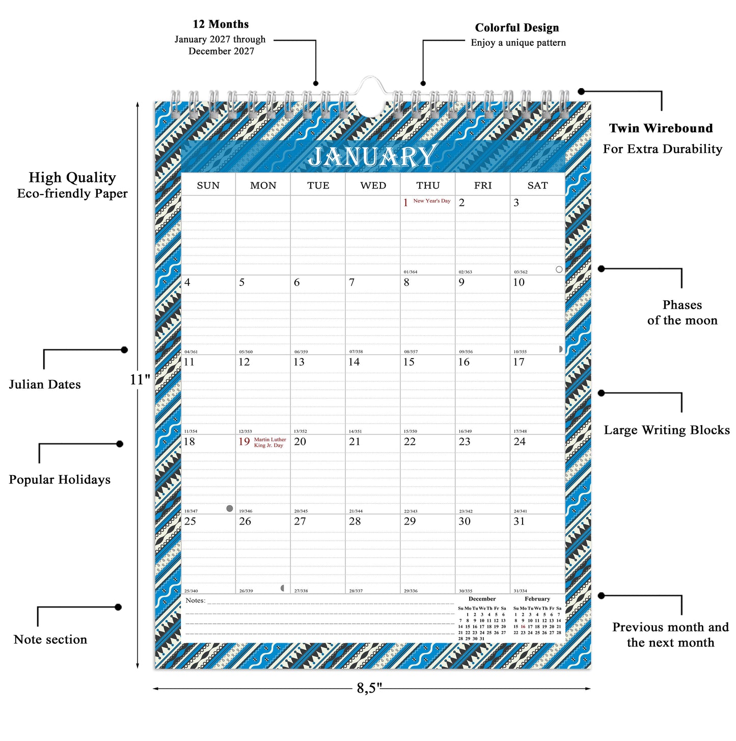 2027 Wall Calendar Spiral-Bound Twin-Wire Binding - 12 Months  11