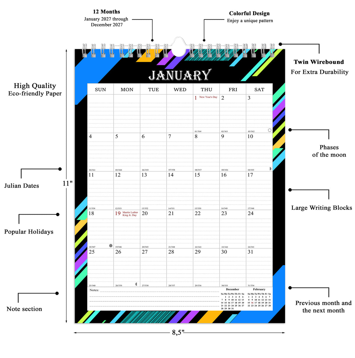 2027 Wall Calendar Spiral-Bound Twin-Wire Binding - 12 Months  08