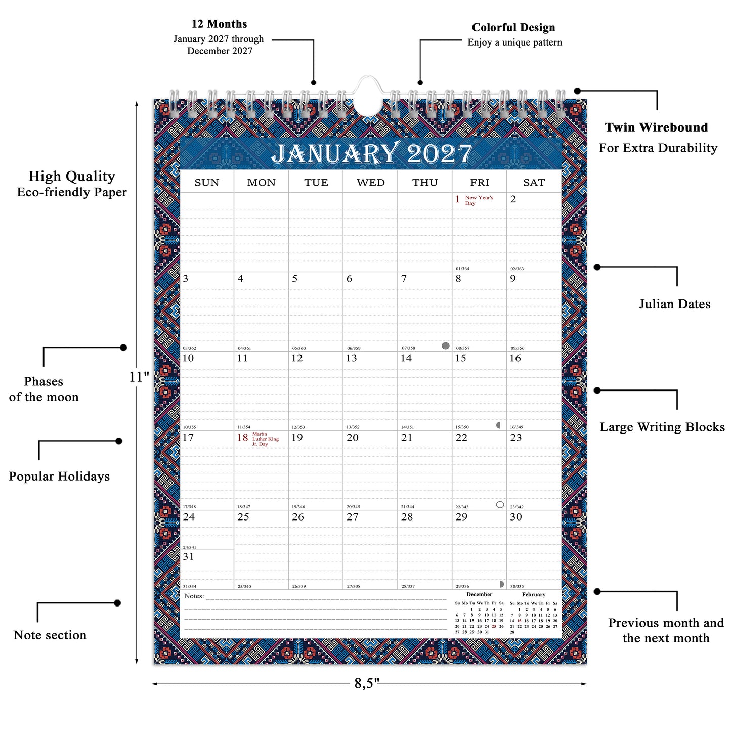 2027 Wall Calendar Spiral-Bound Twin-Wire Binding - 12 Months  18